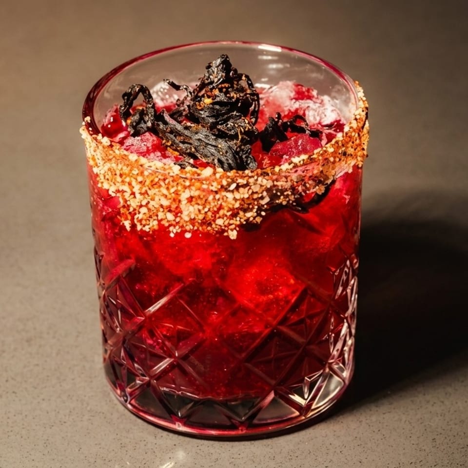 A vibrant red cocktail in a textured glass, garnished with a spiced rim and dark, dried herbs.