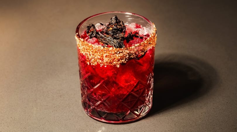 A vibrant red cocktail in a textured glass, garnished with a spiced rim and dark, dried herbs.