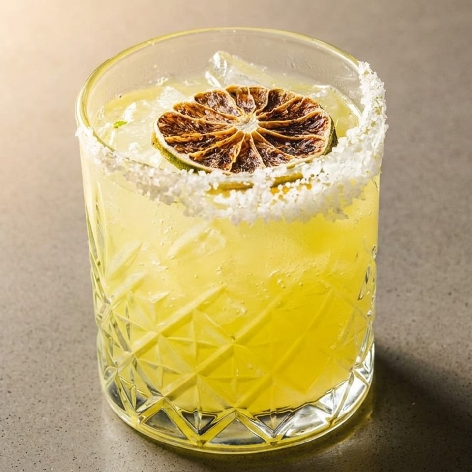 A yellow cocktail in a textured glass with a salted rim and a dried lime slice.
