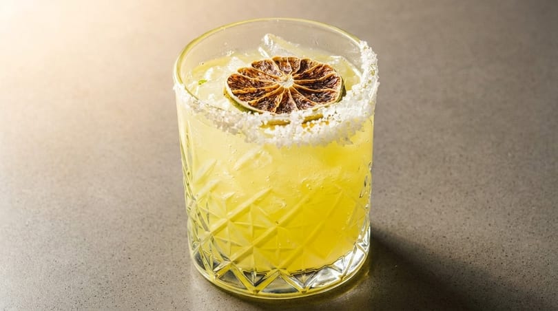 A yellow cocktail in a textured glass with a salted rim and a dried lime slice.