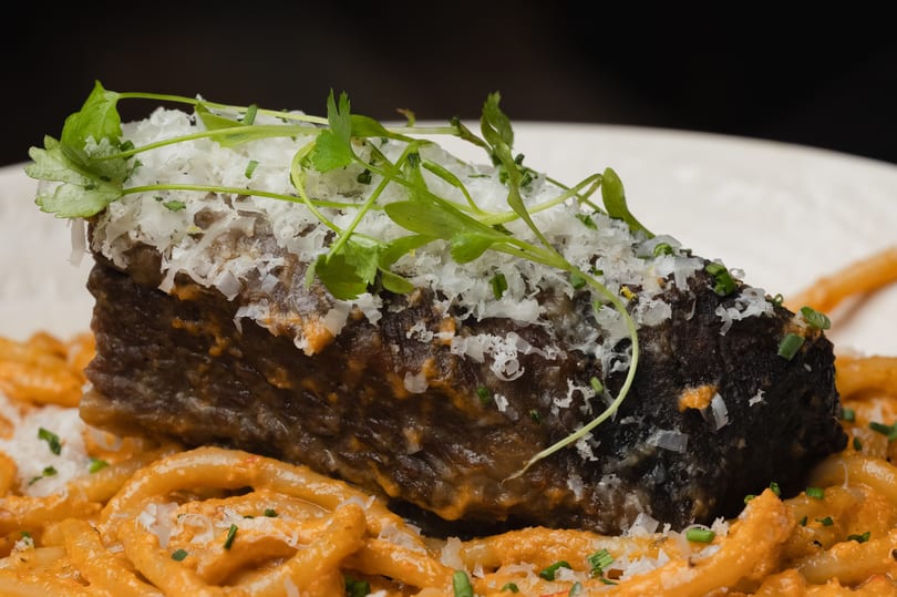 Braised short rib with grated cheese and herbs, served over pasta with a creamy orange sauce.