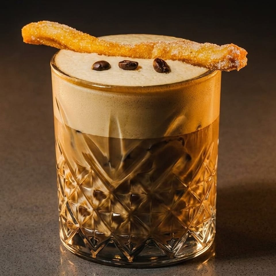 Iced coffee with foam, three coffee beans, and a churro garnish in a textured glass.