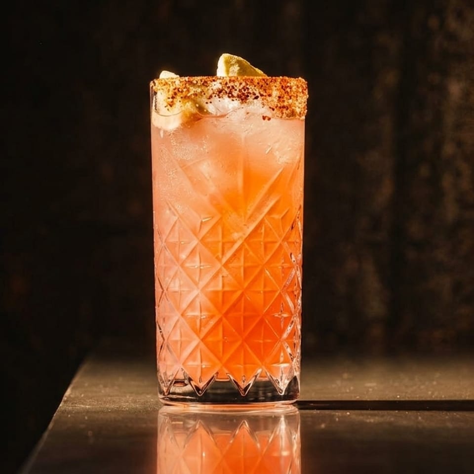 A vibrant pink cocktail in a textured glass, garnished with lime and a chili-salt rim.