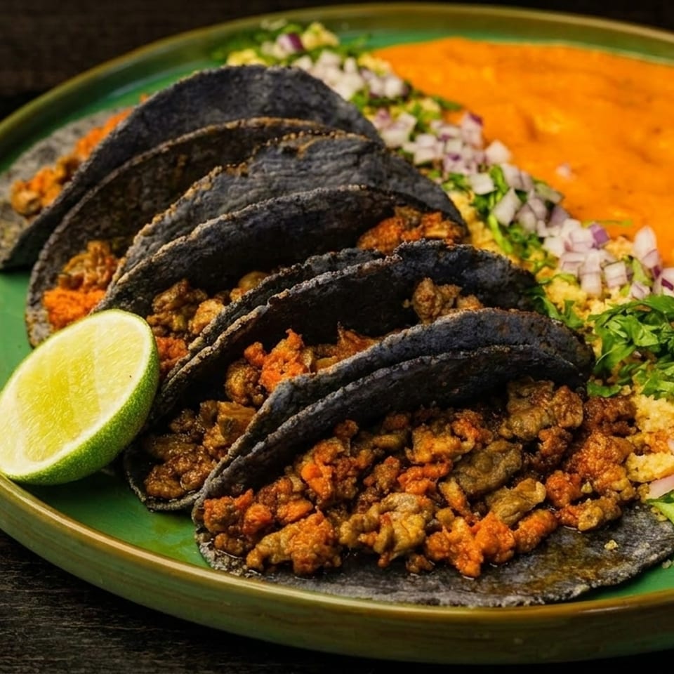 Four blue corn tacos filled with meat, served with lime, orange sauce, and chopped onions.