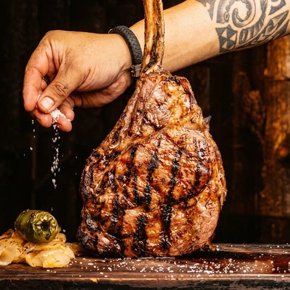 A hand sprinkles salt over a large grilled tomahawk steak on a wooden board with onions.