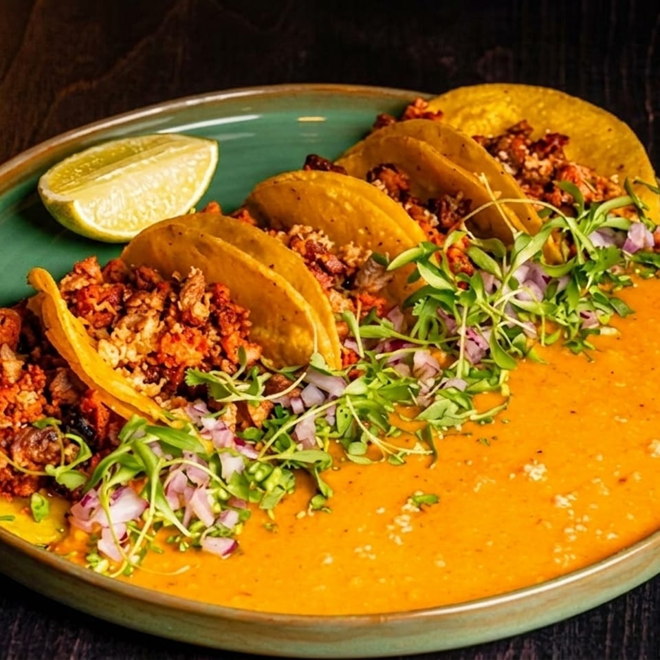 Four tacos with meat, onions, and greens, served on a green plate with orange sauce and a lime wedge.