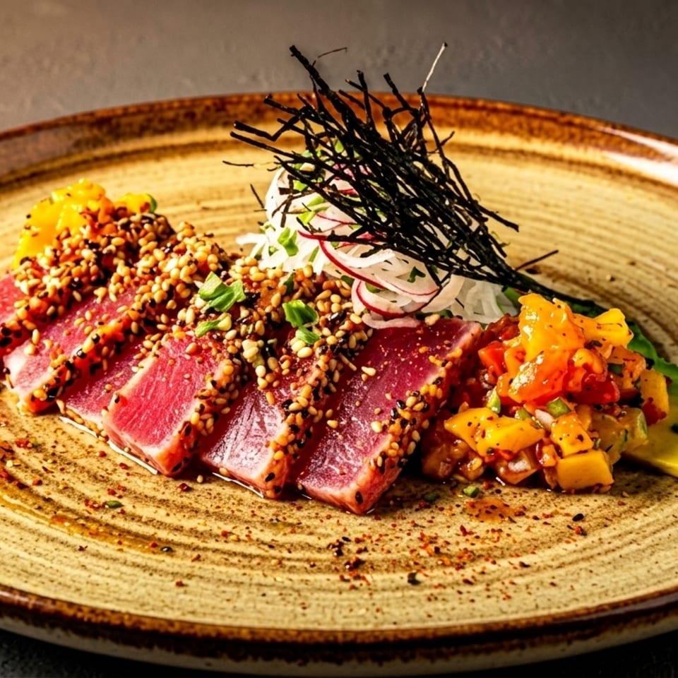 Seared tuna slices with sesame seeds, mango salsa, avocado, and seaweed on a rustic plate.