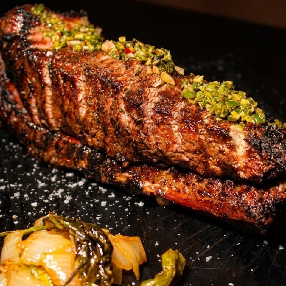 Grilled steak with green relish and coarse salt on a dark serving board with roasted vegetables.