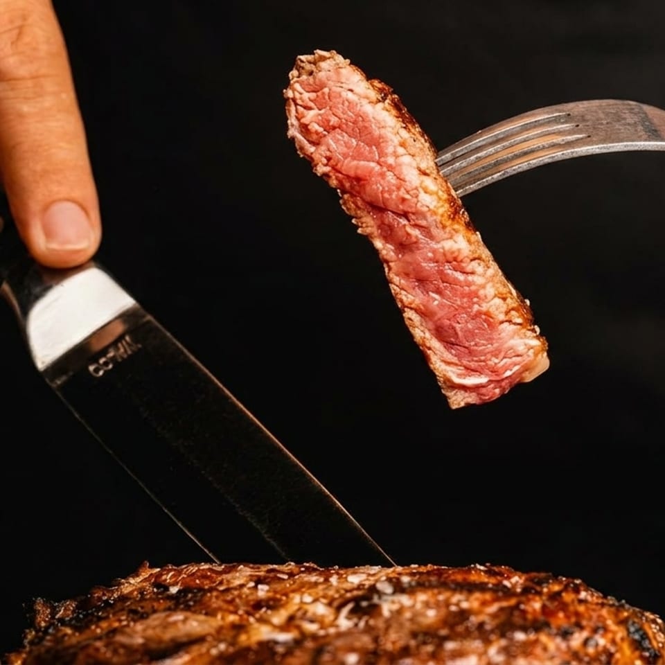 Hands cutting a perfectly cooked steak, with a juicy, medium-rare slice held up by a fork.
